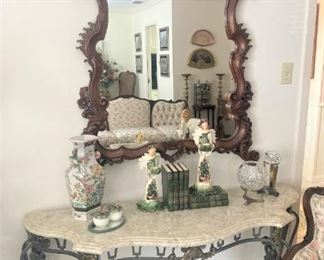 Metal and marble console table; another lovely mirror