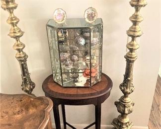 Large candle holders; small display cabinet
