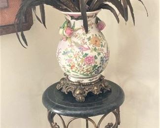 Marble top plant stand; another beautiful vase; feathered arrangement