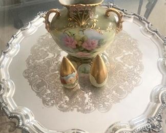 Silverplate tray; hand-painted vase