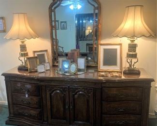 Triple dresser; pair of beautiful lamps