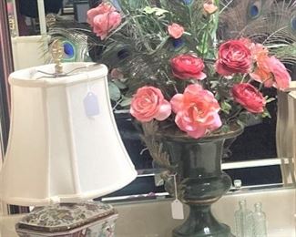 Darling small Asian lamp; kid gloves; rose arrangement