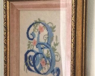 Framed and matted "B" needlepoint