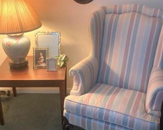 Wingback chair; side table and lamp