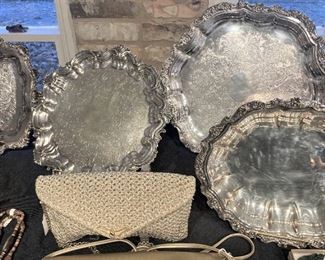 Evening purse; silverplate trays