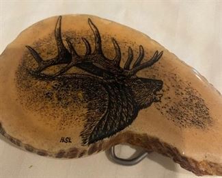 Artist Signed  Elk on Antler Belt Buckle!