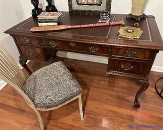 Antique Ball and Claw Foot Desk with Leather Inlay
