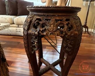 Carved Chinese Plant Stand with Marble Inlay