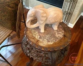 Carved Chinese Plant Stand with Marble Inlay