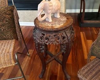Carved Chinese Plant Stand with Marble Inlay