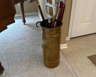 Vintage Brass Umbrella Stand with Lions Head Handles