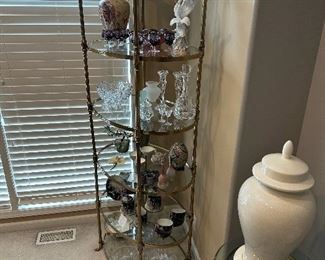 LABARGE Hollywood Regency Brass and Glass Etagere with Hoof Feet