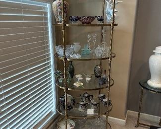 LABARGE Hollywood Regency Brass and Glass Etagere with Hoof Feet