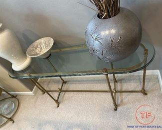 LABARGE Hollywood Regency Brass and Glass Oval Table with Hoof Feet