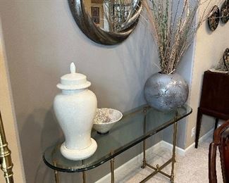 LABARGE Hollywood Regency Brass and Glass Oval Table with Hoof Feet