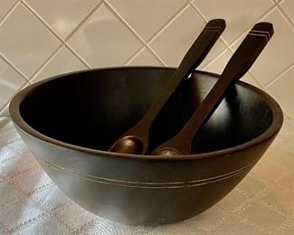 Emeril Wedgewood Black Wood Large Salad Bowl With Servers