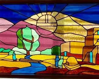 Vintage 31" X 16" Wood Framed Stained Glass Window Panel
