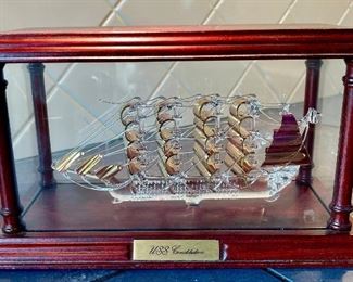 USS Constitution Art Glass Ship In Cherry Wood Shadow Box