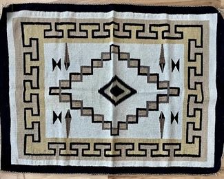 Navajo Vintage 46" X 34" Hand Woven Black Yellow And Cream Wool Rug