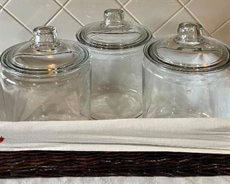 Vintage Basket With Liner And (3) Large Clear Glass Canisters