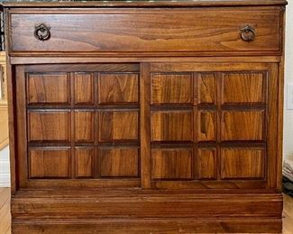 MCM Wood Sliding Front Door Small Buffet With Drawer And Glass Top