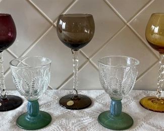 (3) Made In Roumania Colored Wine Glasses, Clear Twist Stem Glasses, (2) Antique Clear Glasses