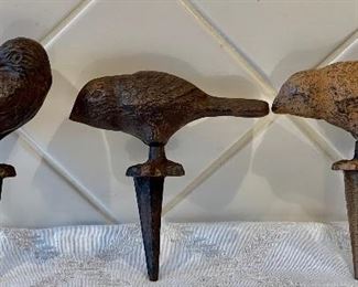 (3) Antique Cast Iron Bird Garden Stakes, Porcelain Birds, And Cast Iron Bird Figurine