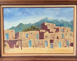 Original Signed Carrizales 1980 South Western Oil On Canvas Painting In Mexico Wood Frame