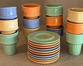 (12) The Monkey And The Peddler Colorful Ice Cream Cone Cups With (10) Matching Saucers