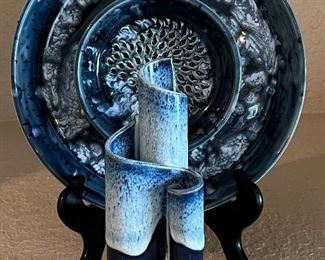 Vintage 1988 Bay Studio Pottery 3-chamber Ribbon Vase With KV Potters Hood River Divided Bowl 