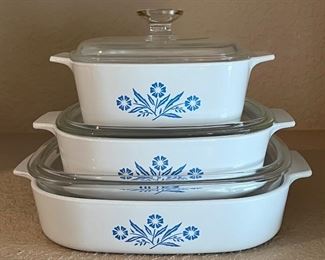 (3) Vintage Corningware Blue Cornflower Pattern Casseroles With Lids - 1.5L, 2Qt, And 10x10 Inch
