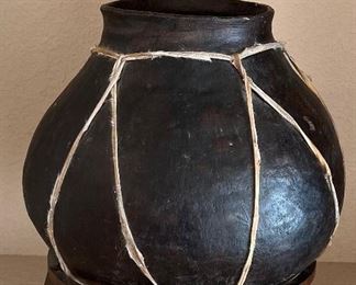 Large Raw Hide Bound Clay Pot With Cast Iron Stand 