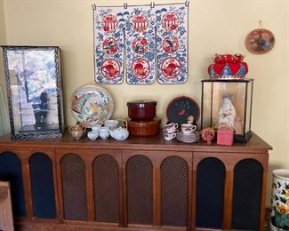 Barzilay Walnut mid-century stereo cabinet, Japanese tea sets and plates