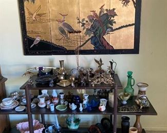 Japanese wall art, three tiered shelf loaded with fun accessories of every sort