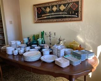 Oval dining table with two leaves, sushi/sashimi plates, rice bowls, vases, Silverplate Tea Set