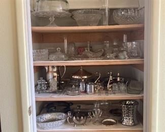 Silver plate and glass serving pieces