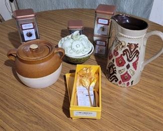 Lot Of 3 Ceramic Vase Jars & 5 Tin decorative Coffee Jars