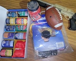 Lot of Boy Toys- Air soft gun - Beer Can Alley Set- Wig - Football