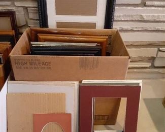 Box of miscellaneous frames with extra cardboard picture mats. 22x12 to 5x6