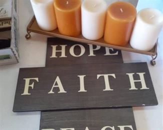 Home decor. Sign and (5) candles