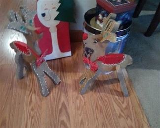 Wooden reindeer (15"), Santa (18"), and tins
