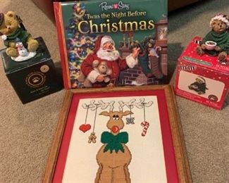 Record a story Twas the night before Christmas book, Boyds bears figurines and Rudolph needlepoint