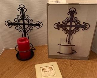 Metal cross candle sconce and Willowtree box