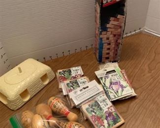 Jenga, card holder, bridge tallies and and wooden bowling pins