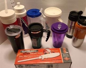 Electric knife and plastic and stainless insulated cups