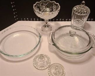 Pyrex pie plate, Anchor Hocking casserole, lidded jar, two random glass lids, compote which has had stem glued