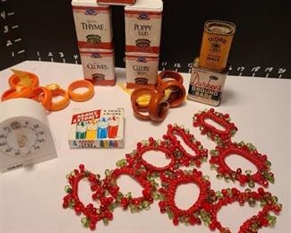 Spices, timer, food coloring, napkin rings