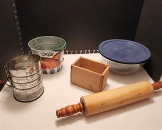Bromwells measuring/sifter, rolling pin, Pyrex covered bowl and tin bucket