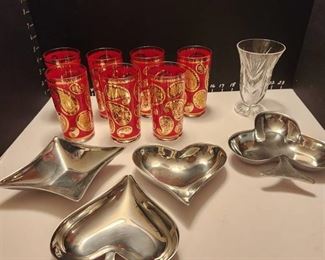 Culver red paisley highball glasses set of 7, vase and metal dishes