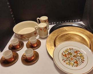 Solid brass base expresso cups, Hall's bowl with matching S&P shakers, chargers and platter